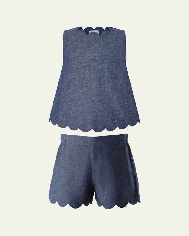 Girl's Chambray Scalloped Top and Short Set, Size 2-1